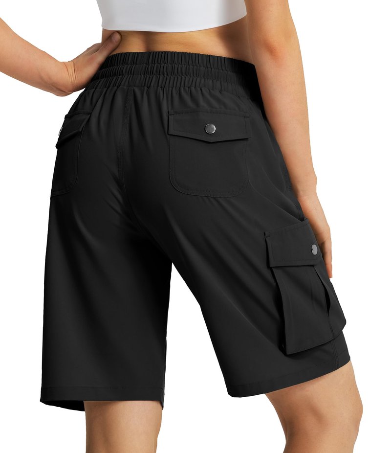 Hugut Women's 9" Hiking Cargo Shorts Quick Dry Lightweight Summer Shorts for Camping Travel Golf 6 Pockets Black