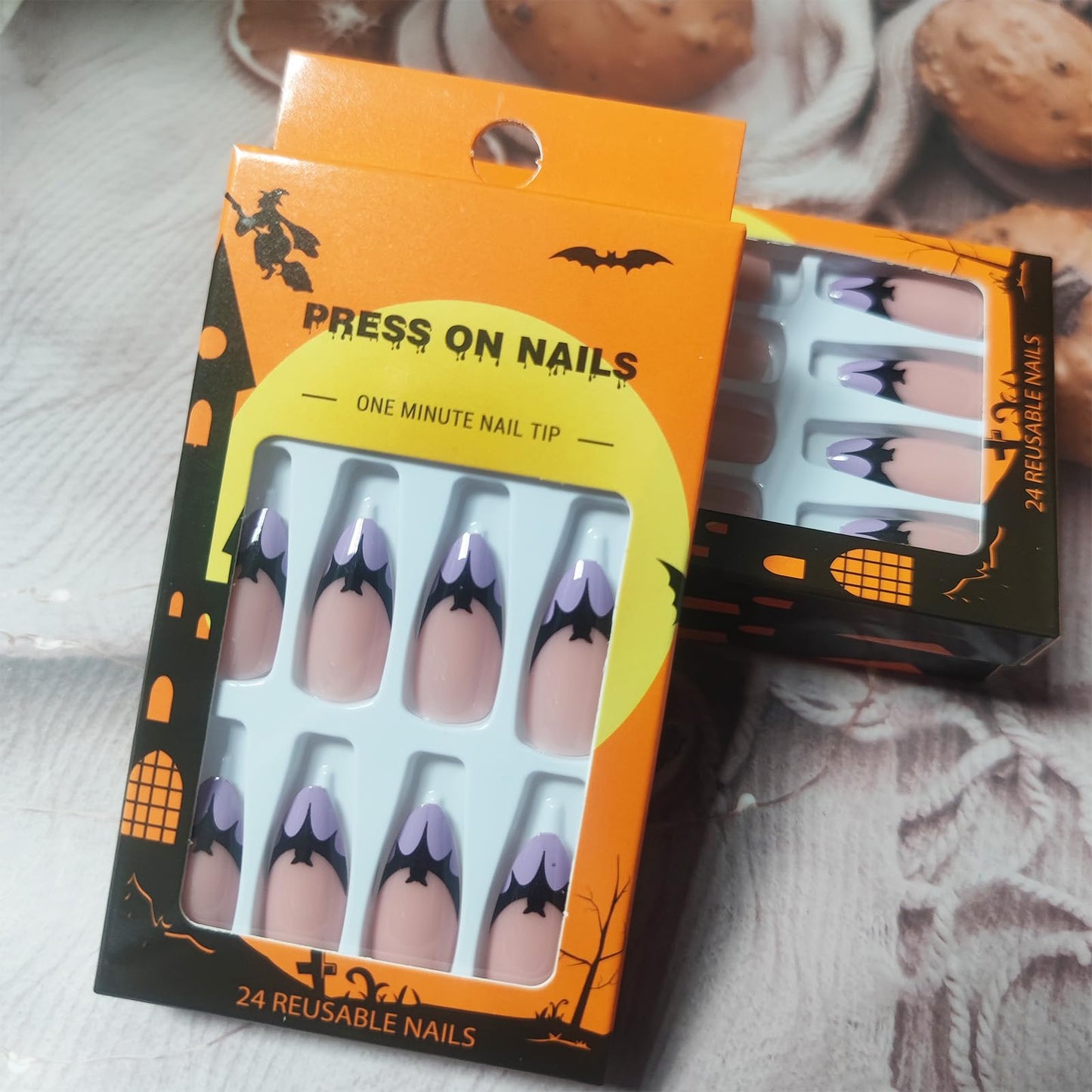 Halloween Bat Press on Nails for DIY Manicure Glossy Purple French Tips 24Pcs Acrylic Medium Almond False Nails Gel Glue on Nails Evil Bats Fake Nails Stick on Nails for Women Girls French Tips Design