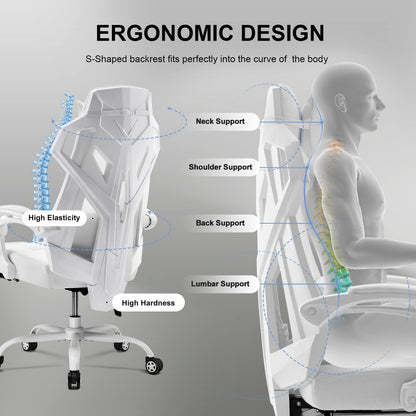 GTRACING Gaming Chair, Computer Chair with Mesh Back, Ergonomic Gaming Chair with Footrest, Reclining Game Chair with Adjustable Headrest and Lumbar Support for Gaming and Office (White)