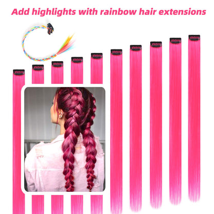RINBOOOL Pink Hair Extensions Clip in, 22 Inch 10 Pcs Long Straight Colored, for Kids Girls Women Highlight Party, Synthetic