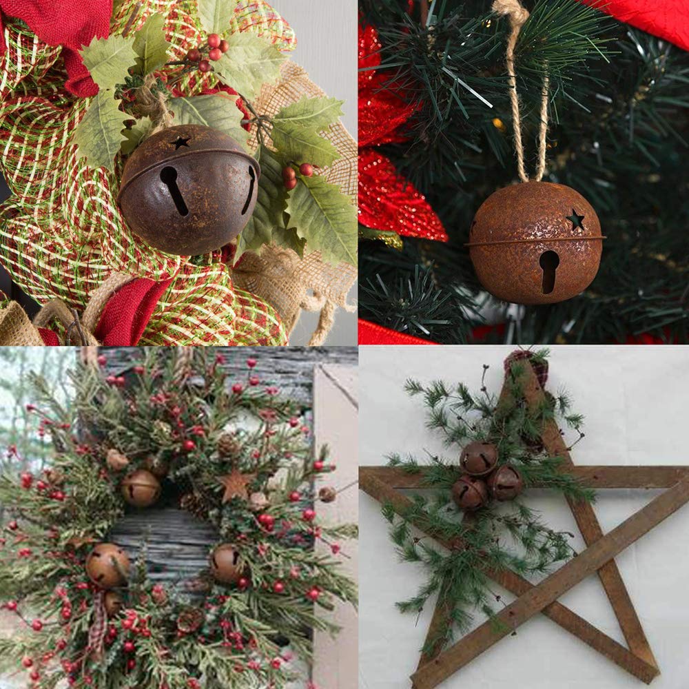 Winlyn 28 Pack Rusty Jingle Bells with Star Cutouts Christmas Sleigh Bells Rustic Metal Craft Bells Star Bells with Jute Rope Ribbon for Holiday Season Primitive Country Décor 3 Sizes 1.6" 2.4" 3.5"