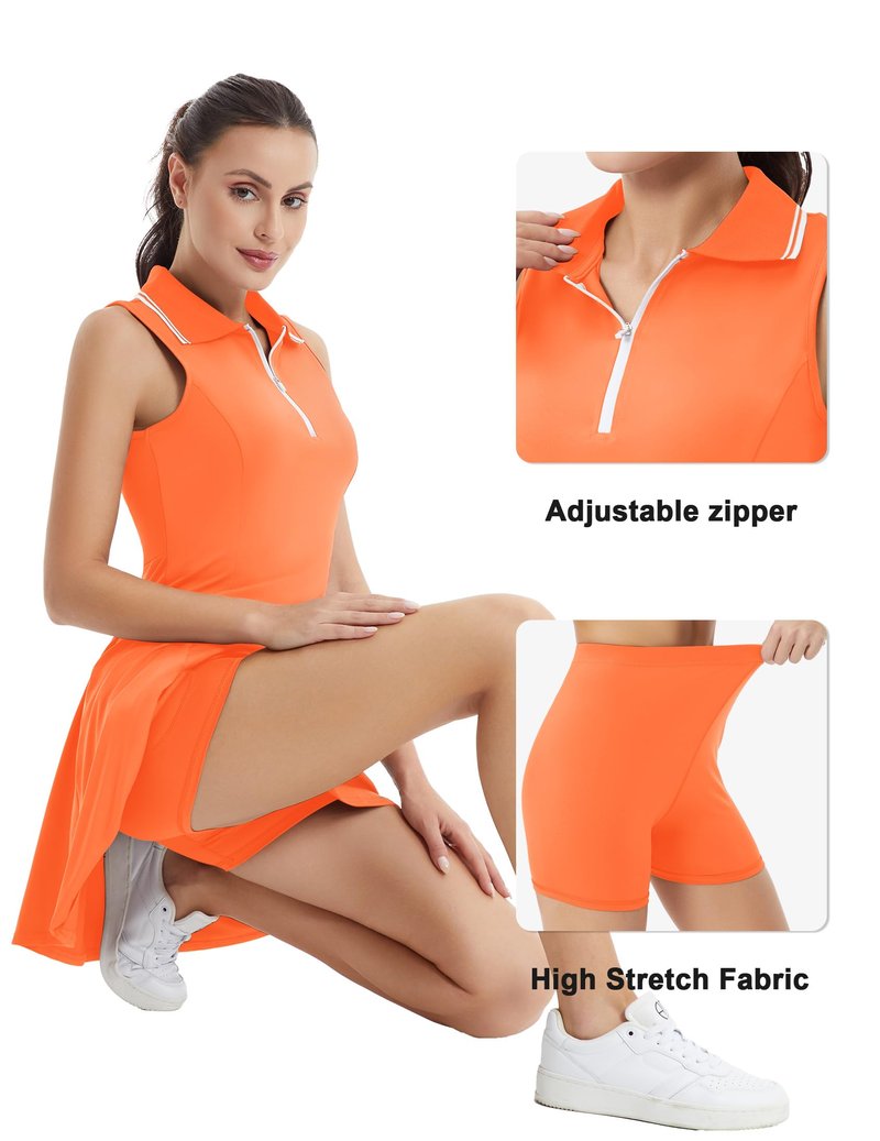 FKEEP Women's Tennis Golf Dress Sport Activewear Workout Athletic Zipper V-Neck with Shorts and Pocket (Bright Orange, XXL)