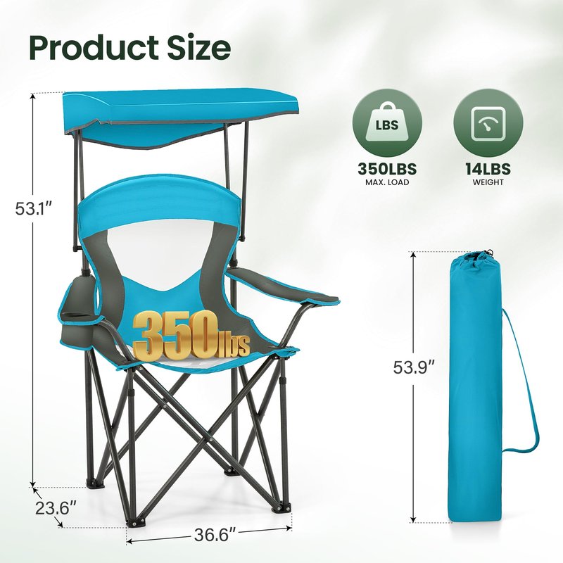 HIGH POINT SPORTS Camping Chairs with Shade, Heavy Duty Canopy Lounge Chair Sunshade Hiking Travel Chair with Cup Holder for Outdoor, Camping, Beach and Patio, Enamel Blue