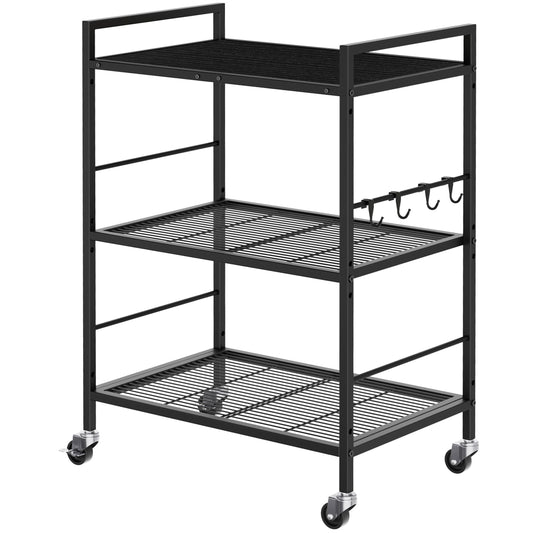XIVIRACK 3-Tier Metal Storage Rack with Industrial Wheels,Mesh Shelving Unit with Wooden Table top,Adjustable Shelf,23.6-Inch Width,15.8-Inch Depth, for Kitchen, Laundry,Pantry,Plant,Black panel
