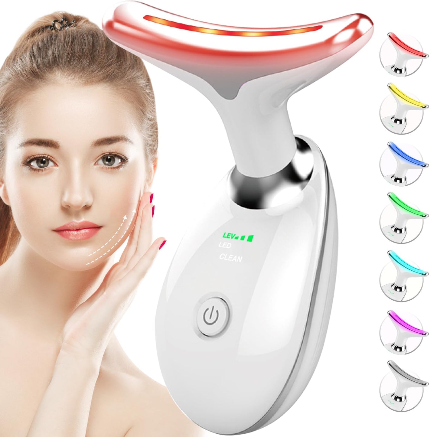 Red-Light-Therapy-for-Face-and-Neck, 7 Color Face Massager Tool for Wrinkles, Double Chin, Vibrating Facial Massager with Thermals for Skin Care, Glossy Pink