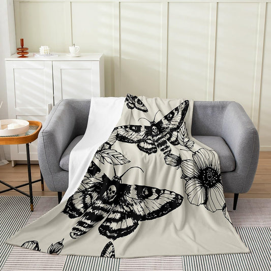 Death Moth Flannel Blanket for Boys Girls Adult,Gothic Death Skull Fleece Blanket Warm Throw, Youth Bohemian Throw Blanket 90"x90" Ultra Soft, Skeleton Bones Plush Blanket Bedroom Decor