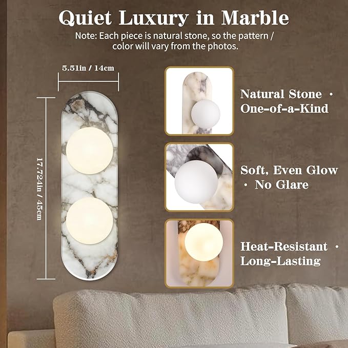 Natural Marble Wall Sconce with Alabaster Glass Globe, Modern Hardwired Wall Light Fixture for Bedroom, Bathroom, Dining Room, Hallway, Stairs (2-Light Sconce)