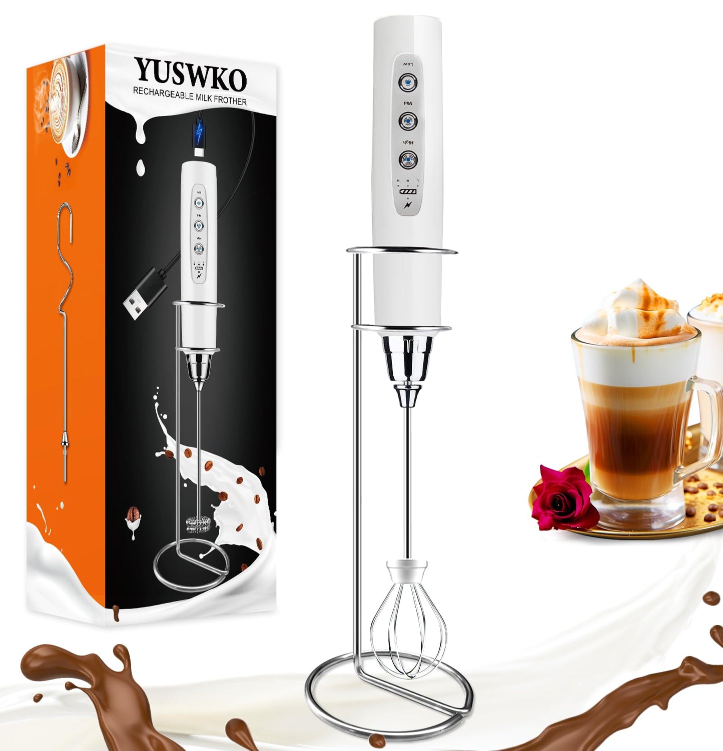 YUSWKO Black Handheld Milk Frother Wand for Coffee, Rechargeable Electric Whisk with 3 Heads 3 Speeds Drink Mixer Coffee Frother For Latte, Cappuccino, Hot Chocolate, Egg