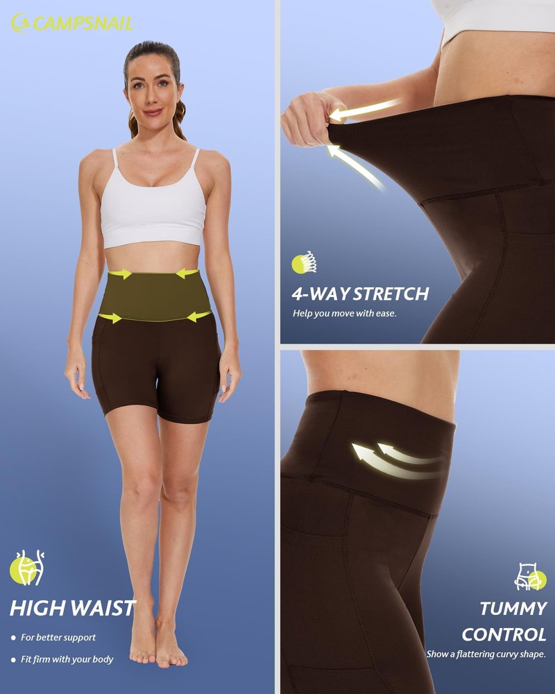 CAMPSNAIL Biker Shorts Women with Pockets - 3"/5"/8" High Waisted Workout Spandex Tummy Control Gym Running Yoga Shorts Chocolate