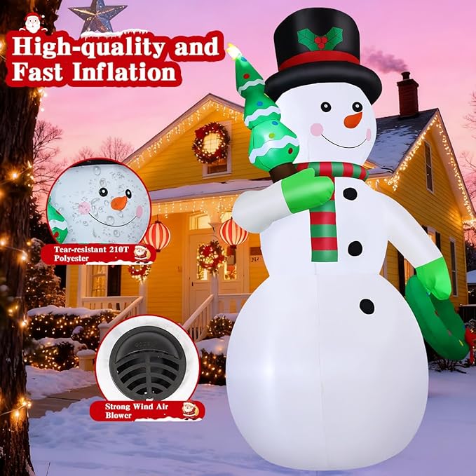 GOOSH 12 FT Christmas Inflatable Snowman Outdoor Decoration Blow Up Yard Giant Cute Snowman with Christmas Tree & Wreath Built-in LEDs for Indoor Party Xmas Garden Lawn Decor