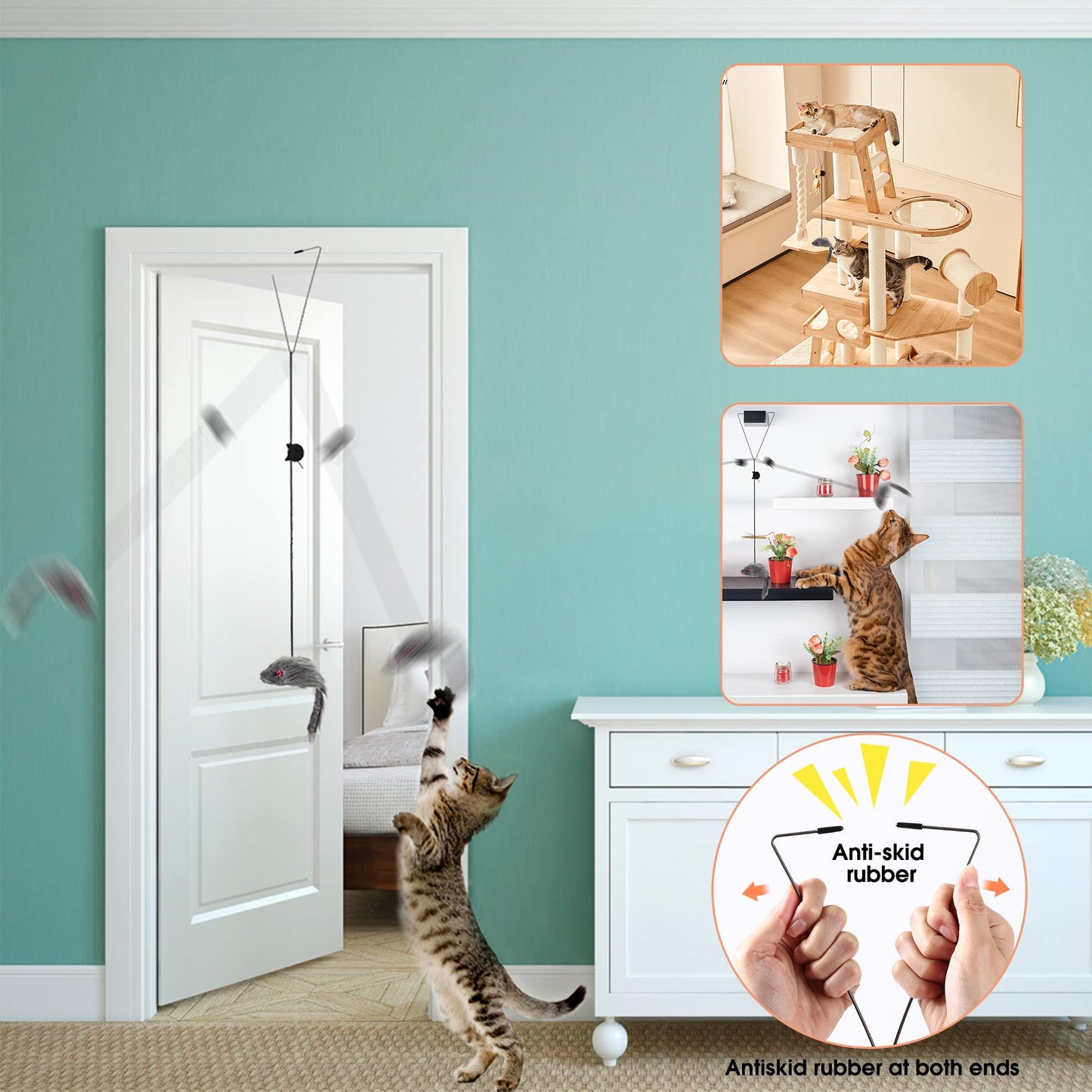 FYNIGO 2 Pcs Self Play Hanging Door Cat Mouse Toys for Bored Indoor Adult Cats Kitten,Interactive Cat Mice Toys for Hunting Exercising Eliminating Boredom, for All Breeds