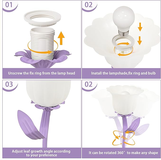Vintage Flower Table Lamp, 3 Color Temperature Flexible Gooseneck Cute Small Desk Lamp for Bedroom, Kawaii Nightstand Bedside Lamps for Living Room, Dorm, Office, Home Decor (Purple)