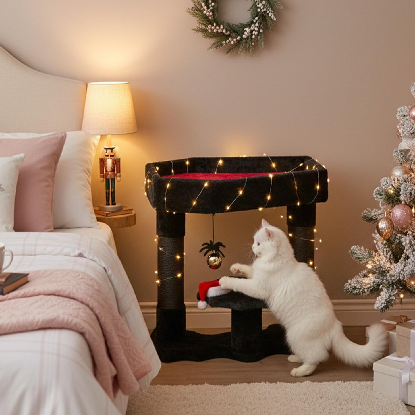 BEWISHOME Cat Tree Tower for Indoor Gothic Cat Trees with Coffin Bed, Halloween Cat House with Scratching Posts, Cat Shelves with Spider Toy, Spooky Coffin Black with Red, Small MMJ91R