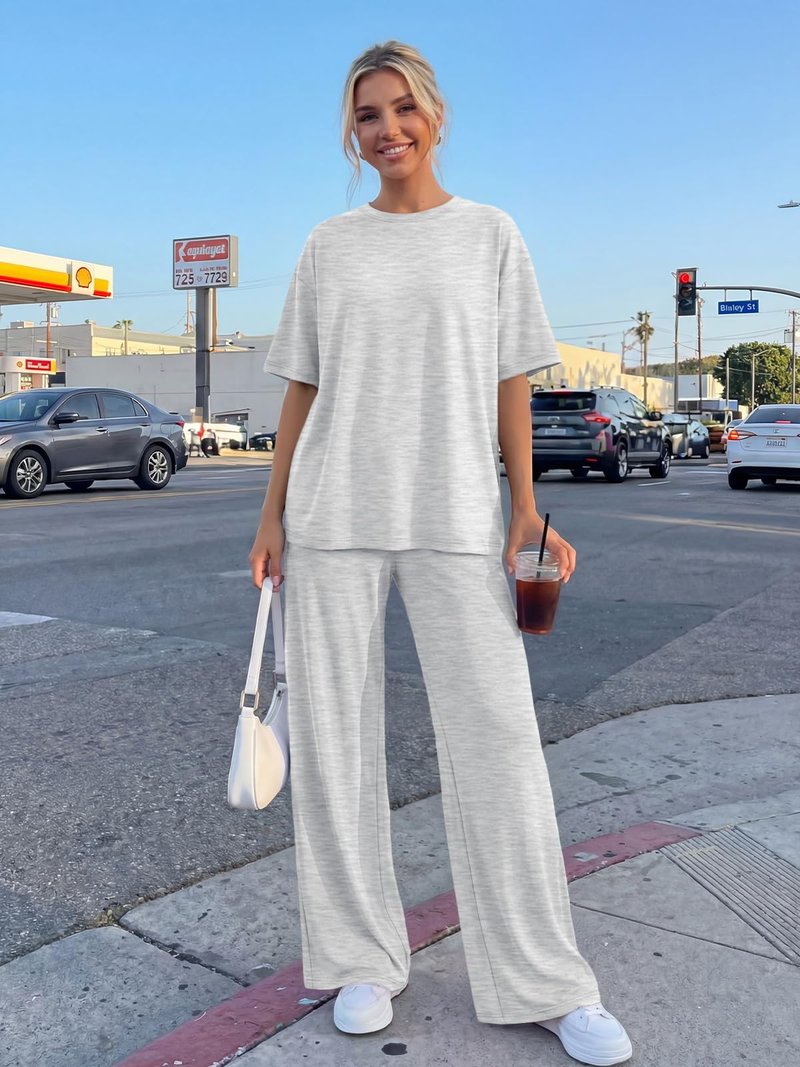 Trendy Queen Women 2 Piece Matching Summer Lounge Sets Clothing Spring Loose Fit Short Sleeve Shirts & Pants Loungewear 2026 Travel Airport Outfit Cruise Resort Beach Vacation Clothes