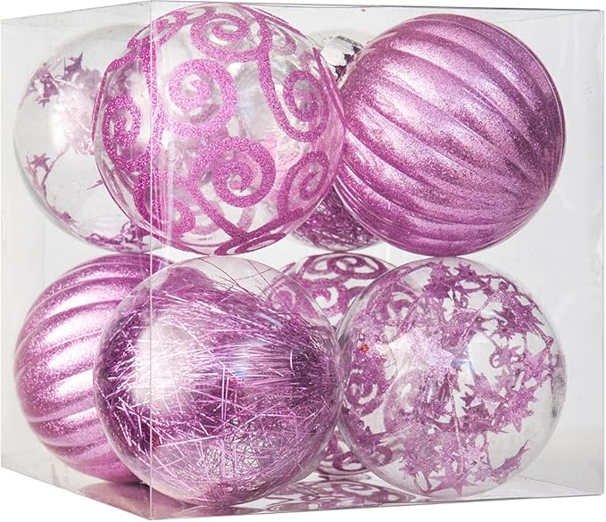 XmasExp 8ct Christmas Ball Ornaments Set -Large Clear Plastic Shatterproof Xmas Tree Ball Hanging Baubles Stuffed Delicate Glittering Holiday Wedding Xmas Party Decoration (100mm/3.94",Light Purple)