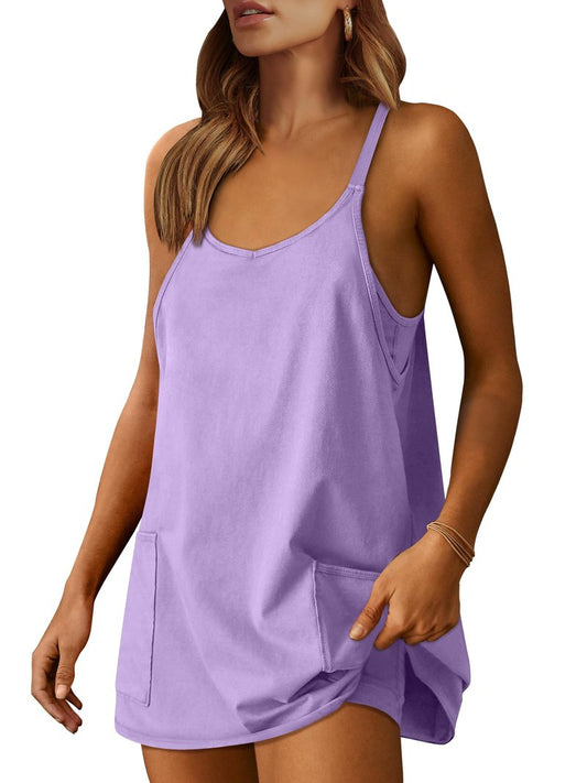 ANRABESS Women Athletic Dress Summer Tennis Workout Active Sports Mini Romper Dress Built in Shorts Travel Vacation Clothes Purple X-Large