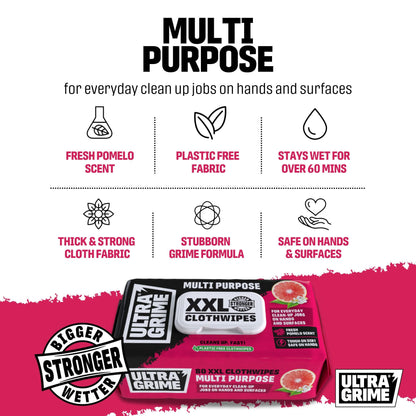 UltraGrime Multi Purpose Family XXL Biodegradable 80 Clothwipes - Pomelo Scented Large Wet Cloths - Heavy Duty Multi Purpose Cleaner