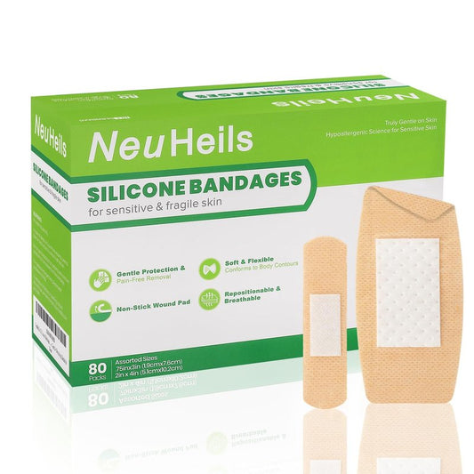 NeuHeils 80 Pcs Silicone Bandages for Sensitive Skin Assorted Sizes: Small 0.75x3 in (60 Pcs) & Large 2x4 in (20 Pcs). Non-Stick Pad, Hypoallergenic, Pain-Free Removal, Idea for Fragile Skin