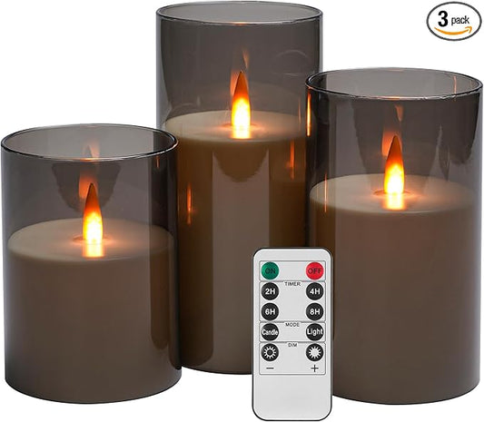 Upinmz Grey Acrylic Flameless Candles with Remote Control and Timers，Battery Operated Candles，LED Pillar Candles with Dancing Flame ，for Home Decorations ，Set of 3