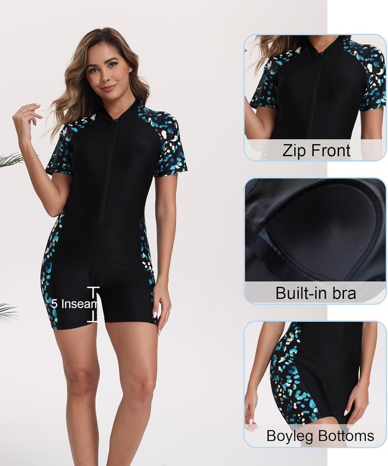 Women's Boyleg One-Piece Rash Guard - Zip Front, Built-In Bra, UPF 50+ | Short Sleeve Surfing Swimsuit