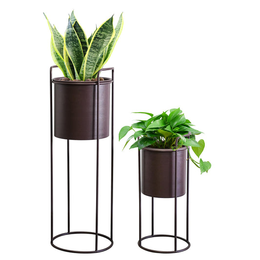 TRIROCKS Set of 2 Planters with Stand Large Metal Planter for Indoor Plants 28 &18" H Plant Pots for Living Room Corner Kitchen Office Garden Balcony Patio Decor(Brown)