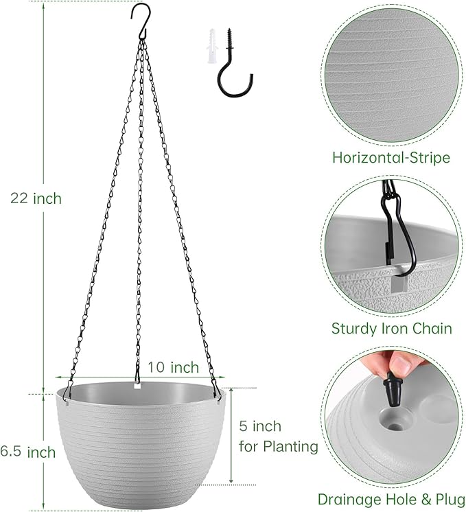 Set of 2 10 Inch Self Watering Hanging Planters for Indoor Outdoor Plants, Light Textured Hanging Baskets Flower Pots with Drainage Hole & Plug and 20" Chain Hanger