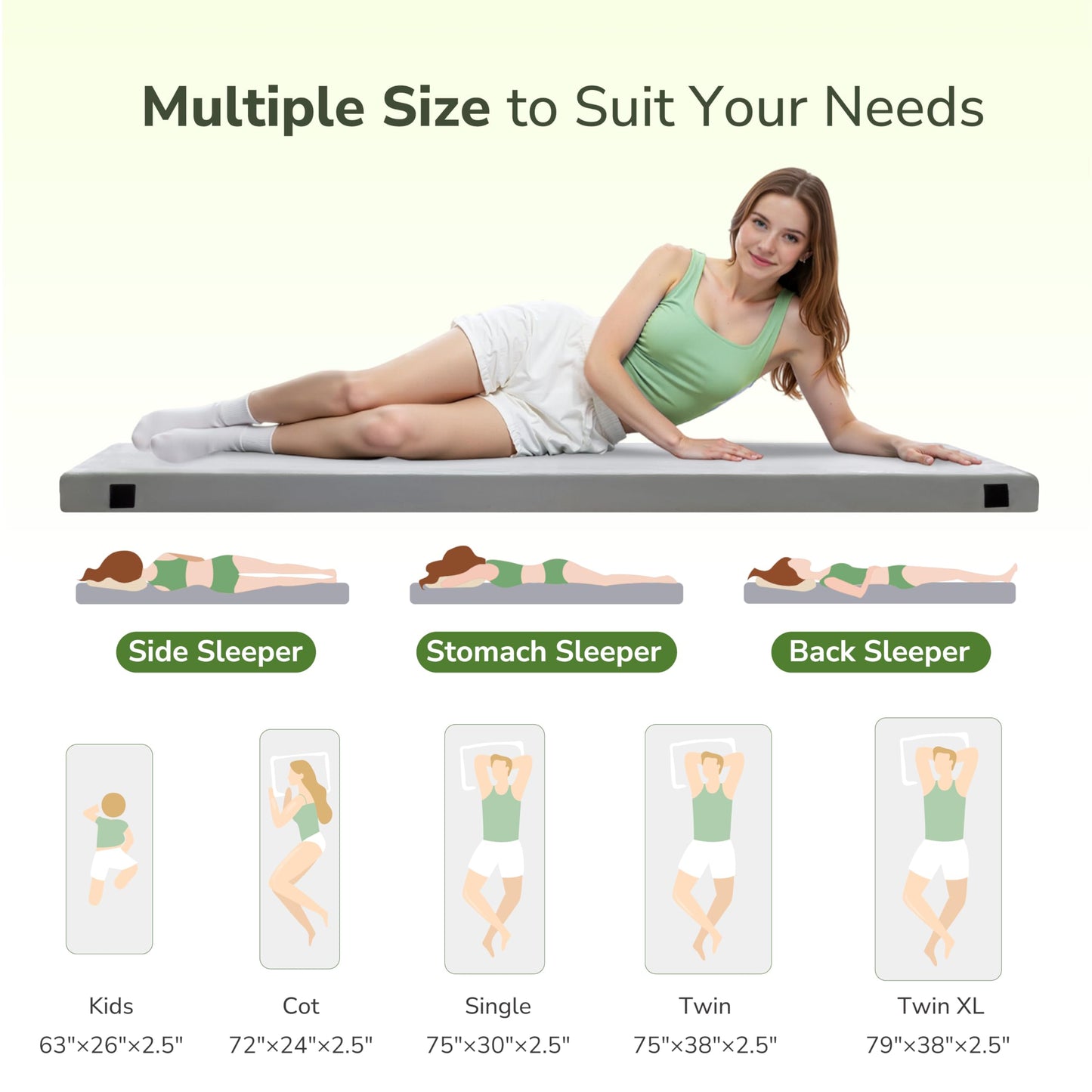 Memory Foam Camping Mattress 2.5 inch, Cot Pads, Single Small Portable Roll Up Camping Sleep Topper with Waterproof and Non-Slip Bottom, Camping Car Mat with Travel Bag, 72"×24"×2.5", Grey
