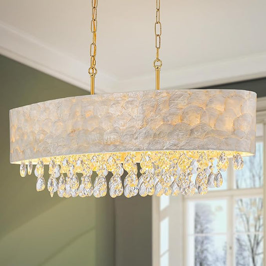 6-Lights Oval Capiz Shell Crystal Linear Chandeliers, Coastal Design Light Fixture for Dining Room, Kitchen Island, L32xW12xH19~65 Inch(Adjustable), Shell Lampshade & Brass Finish