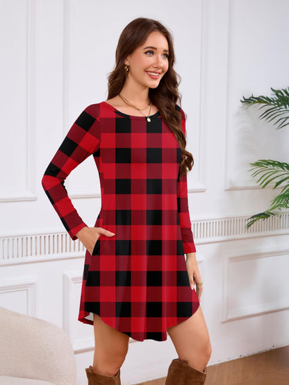DEARCASE Women's Long Sleeve T Shirt Dress Red Grid Medium Crewneck Knee Length Loose Casual Flowy Christmas Dresses with Pockets