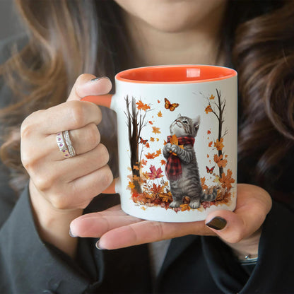 Hyturtle Fall Cat Maple Leaves Coffee Mug with Spoon, Birthday Gifts For Cat Lovers, Fall Autumn Decor Gifts For Farmhouse Thanksgiving, Cute Autumn Mug, 11oz Two Tone White Ceramic Coffee Tea Cup
