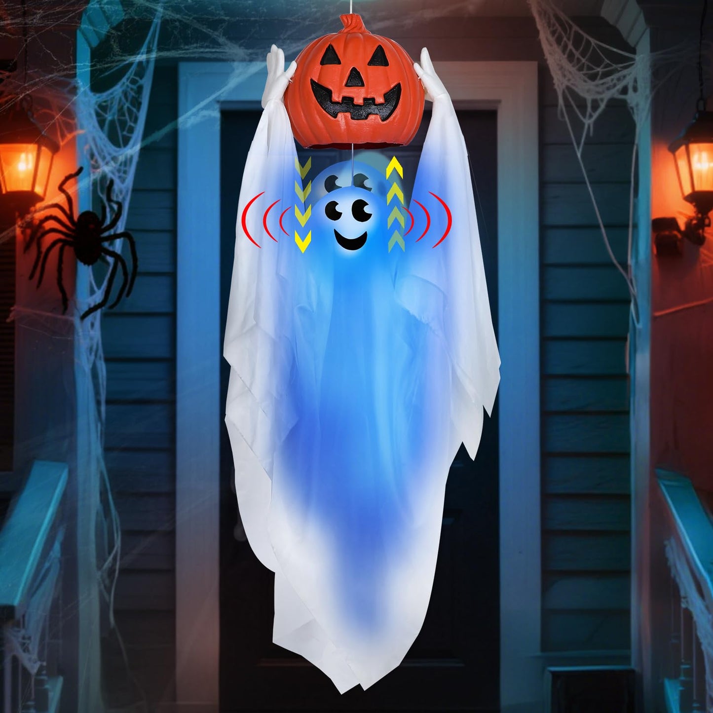 Sound Activated 43” Halloween Animatronics Hanging Ghost Holding Pumpkin, Hide-and-Seek Ghost with Blue Light & Creepy Sound for Halloween Decorations Outdoor, Yard Porch Party Haunted House