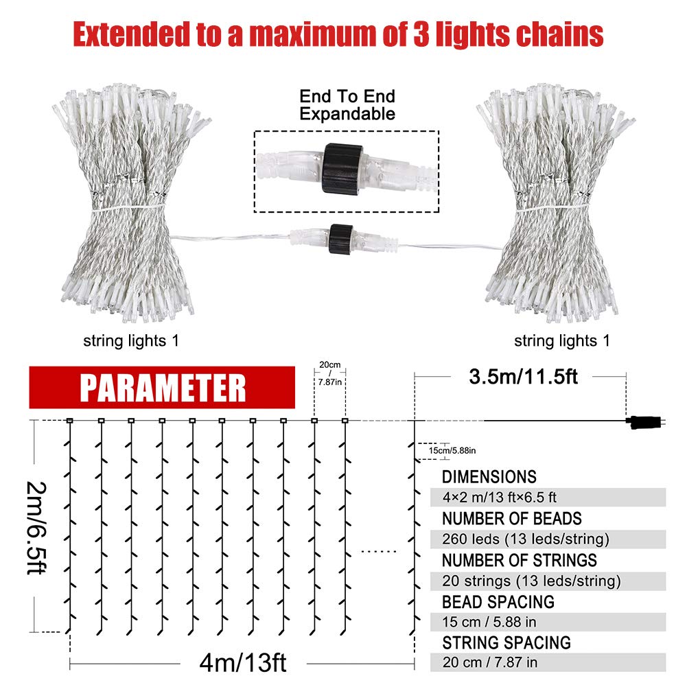 HEYFUNi Curtain Lights,13ftx6.5ft Safety Window Curtain Icicle String Lights 30V 8 Modes for Christmas Wedding Party Family Patio Lawn Decoration(Warm White)