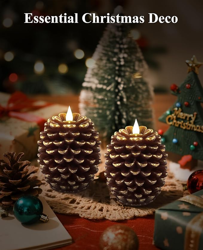 YAUNGEL 2 Pcs Pine Cone Candles Flameless with Remote Timer, Real Wax Christmas Battery Operated Pine Cone Candles, 3D Wick Battery Candle Flickering for Christmas Thanksgiving Day Holiday Home Decor