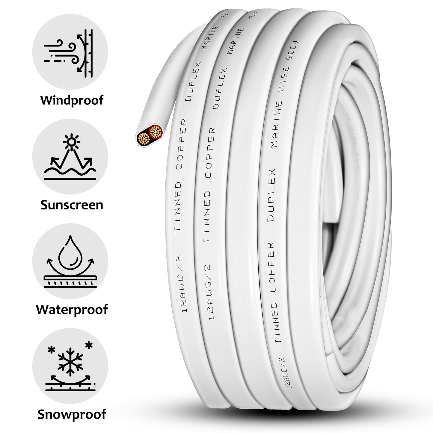 ATXXSCD 12 Gauge 30ft Marine Wire,2 Core Insulated Duplex Marine Grade Wire Tinned Copper Standard Electrical Wire Outdoor for Boat/Maine/Automotive/RV/Camper/Trailer, White