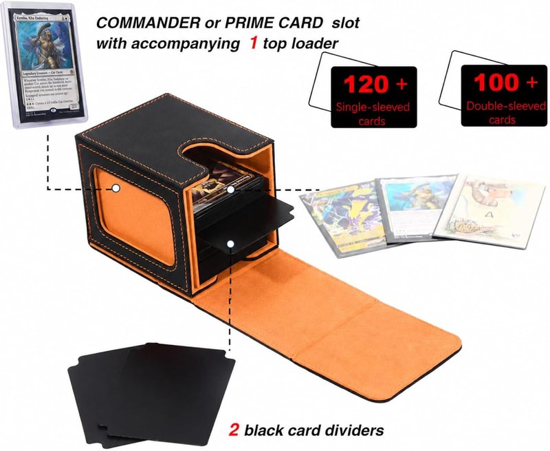 MTG Deck Box for Commander | Holds 100 Double-Sleeved Cards - Black & Orange with Window