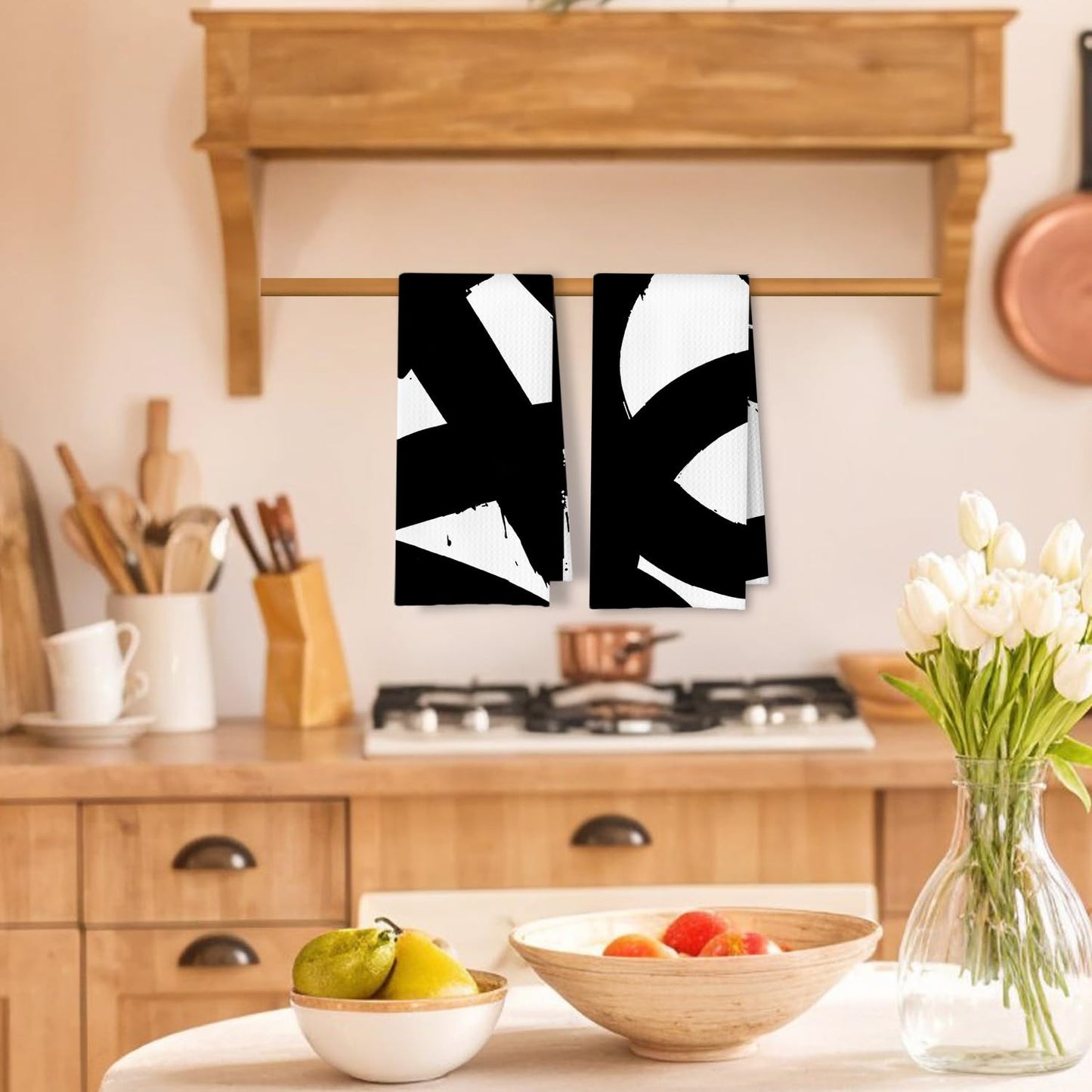 ArtisaEura Abstract Black and White Kitchen Towels Set of 2, Modern Black and White Dish Tea Towels for Kitchen, Abstract Decor Hand Towels, Modern Bathroom Decor, 16x24 Inches