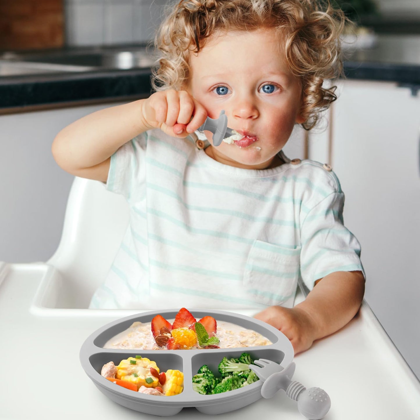 Eascrozn Silicone Baby Feeding Set, 2 Pack Divided Baby Plates with Suction, 2 Pack Spoons and Forks Set, BPA Free, Baby Led Weaning Supplies for Toddler Utensils Baby Feeding Essentials