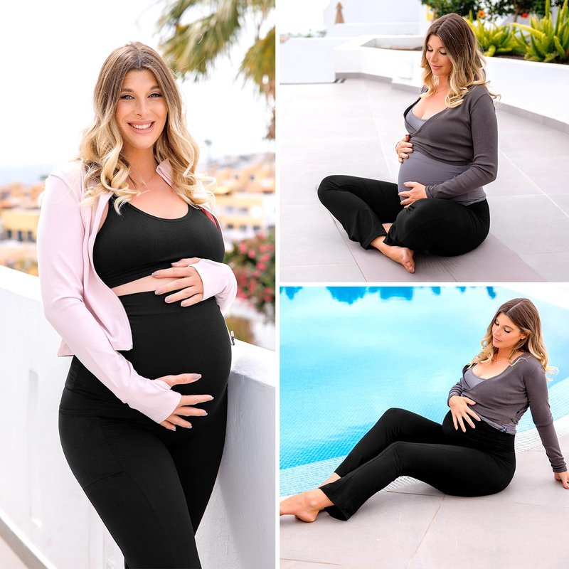 Leafigure Maternity Flare Leggings with Pockets Over The Belly Yoga Pants for Workout Soft Pregnancy Activewear Black L