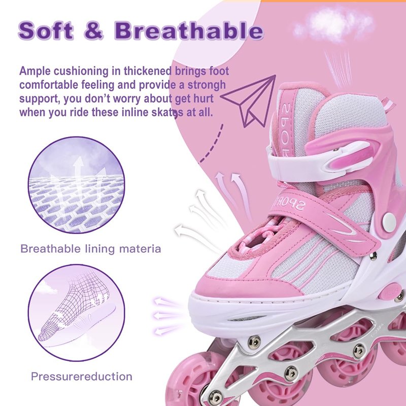 Kids Inline Skates for Girls Boys with All Wheels Illuminating, Adjuatable Mens and Womens Roller Skates Blades for Beginner in Outdoor and Indoor (Pink&White, Medium - Big Kids)