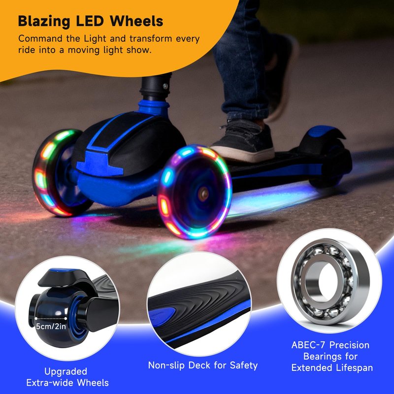 Nattork Kids Scooter for Age 3-8, Toddler Scooter with 4 Adjustable Height for Boys & Girls, Light Up 3-Wheels Foldable Kick Scooter, Lean to Steer, 120LB Weight Capacity
