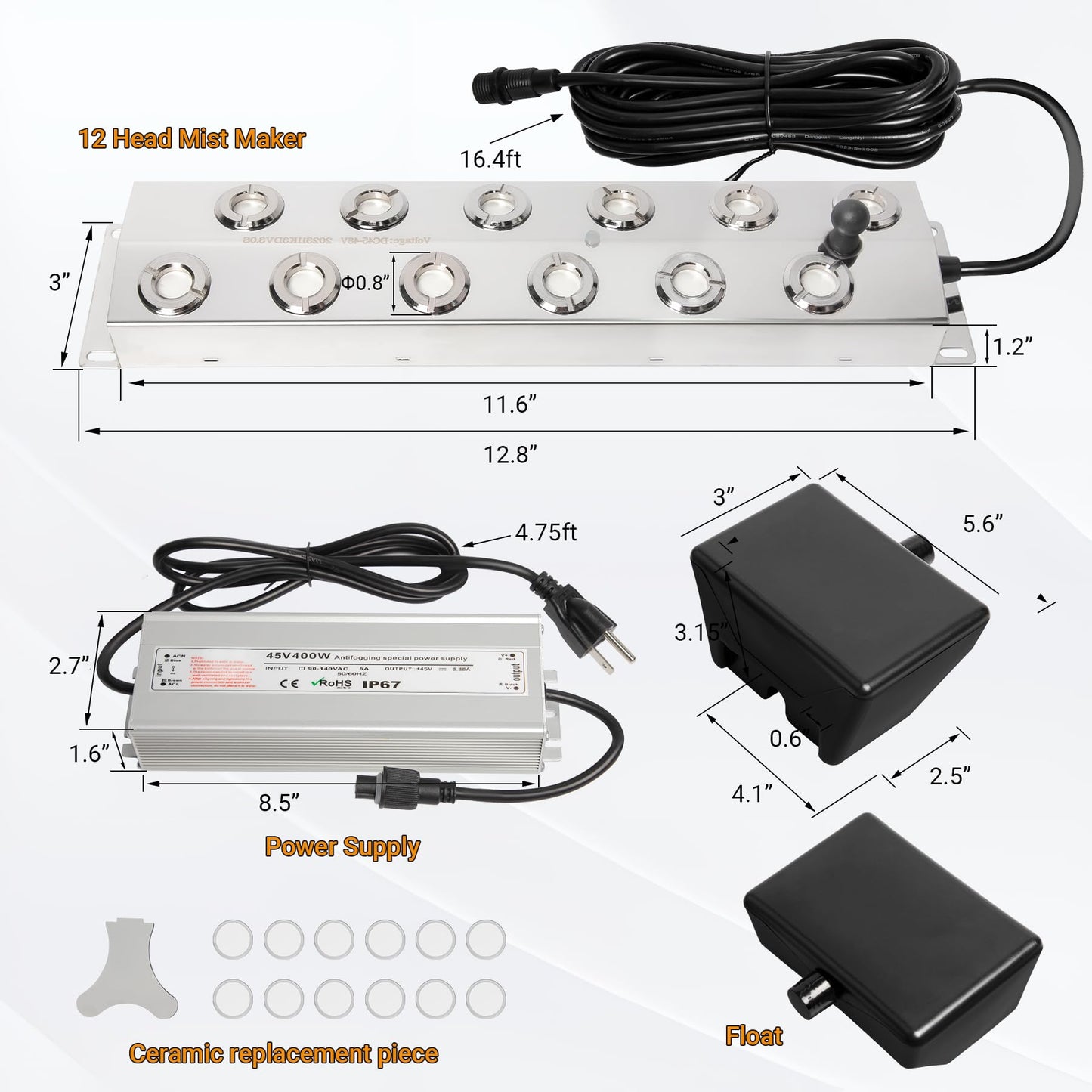 Toriexon Upgrade Ultrasonic Fogger 12 Head, Ultrasonic Mist Maker w/Float, 9000ml/H Mist Maker Fogger w/ 400W Waterproof Power Supply, Perfect for Pond, Greenhouse, Rockery, Halloween Decoration