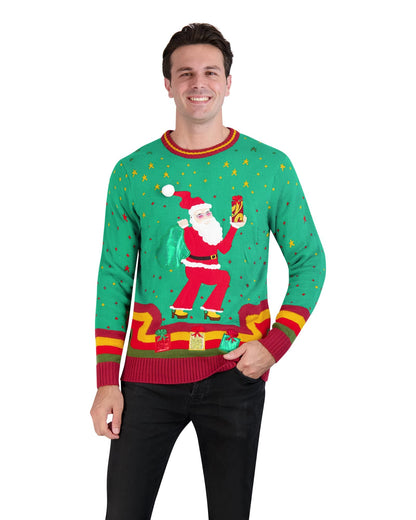 Holiday Hype Men's Festive Ugly Christmas Holiday Party Pull Over Sweater, Psychedelic Santa, Small