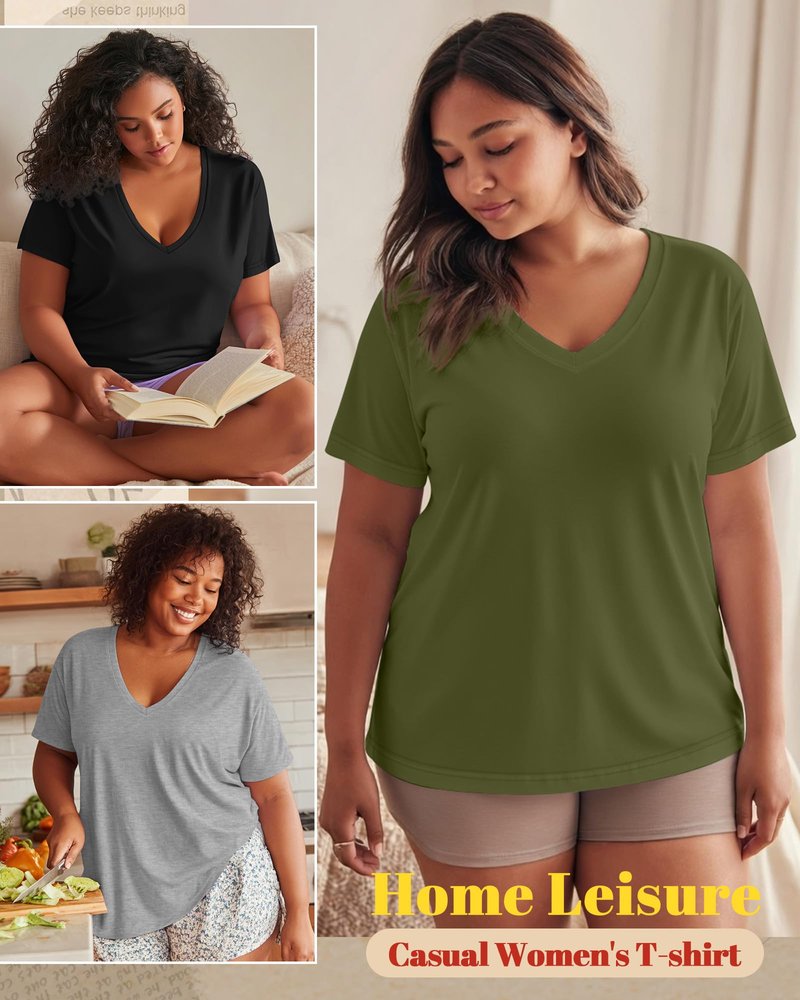 Neer 3 Pack Women's Plus Size T Shirts Short Sleeve V Neck Tops Solid Flat Hem Basic Loose Causal Tees(Black, Light Gray, Army Green,X-Large)