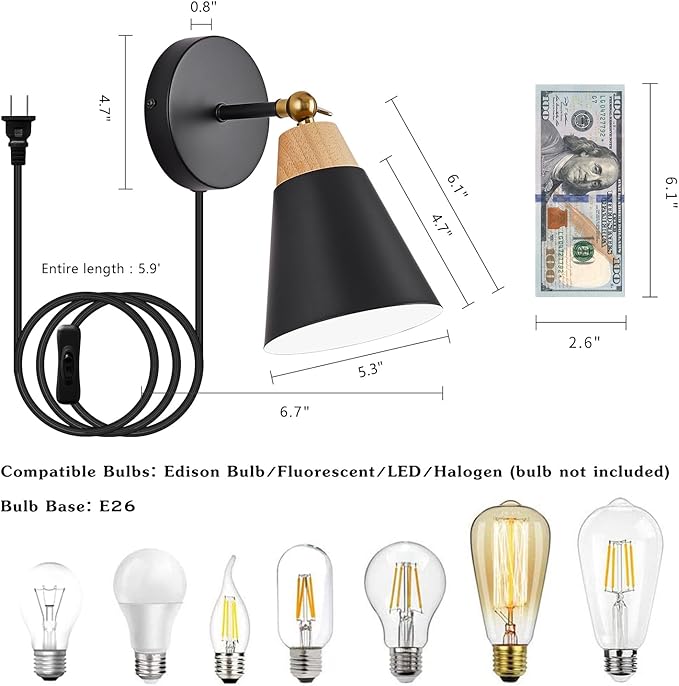 Wall Sconce with Metal Shade, Plug Switch, Indoor Decor Wall Mount Swing Arm Lamp for Bedroom,Hallway,Living Room,Reading, Black