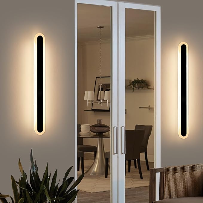2 Pack Black Modern LED Wall Sconce, 39.3inch Long Oval Outdoor Wall Light, Dimmable 3000K-6000K, IP65 Waterproof, Linear Outside Exterior Lighting for Garage, Patio with Remote Control
