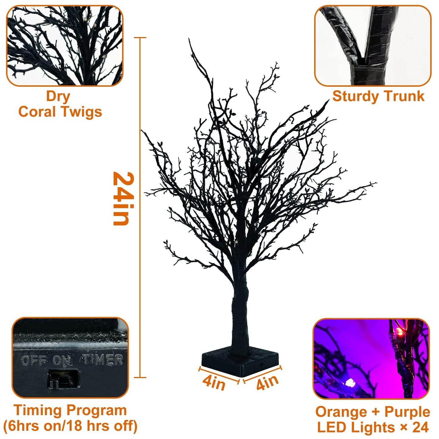 Timer - 24 Inch Lighted Halloween Tree with Orange & Purple LED Lights Black Tree Battery Operated Tabletop Spooky Tree for Halloween Decorations Indoor Home Table Party Holiday Festival Decor