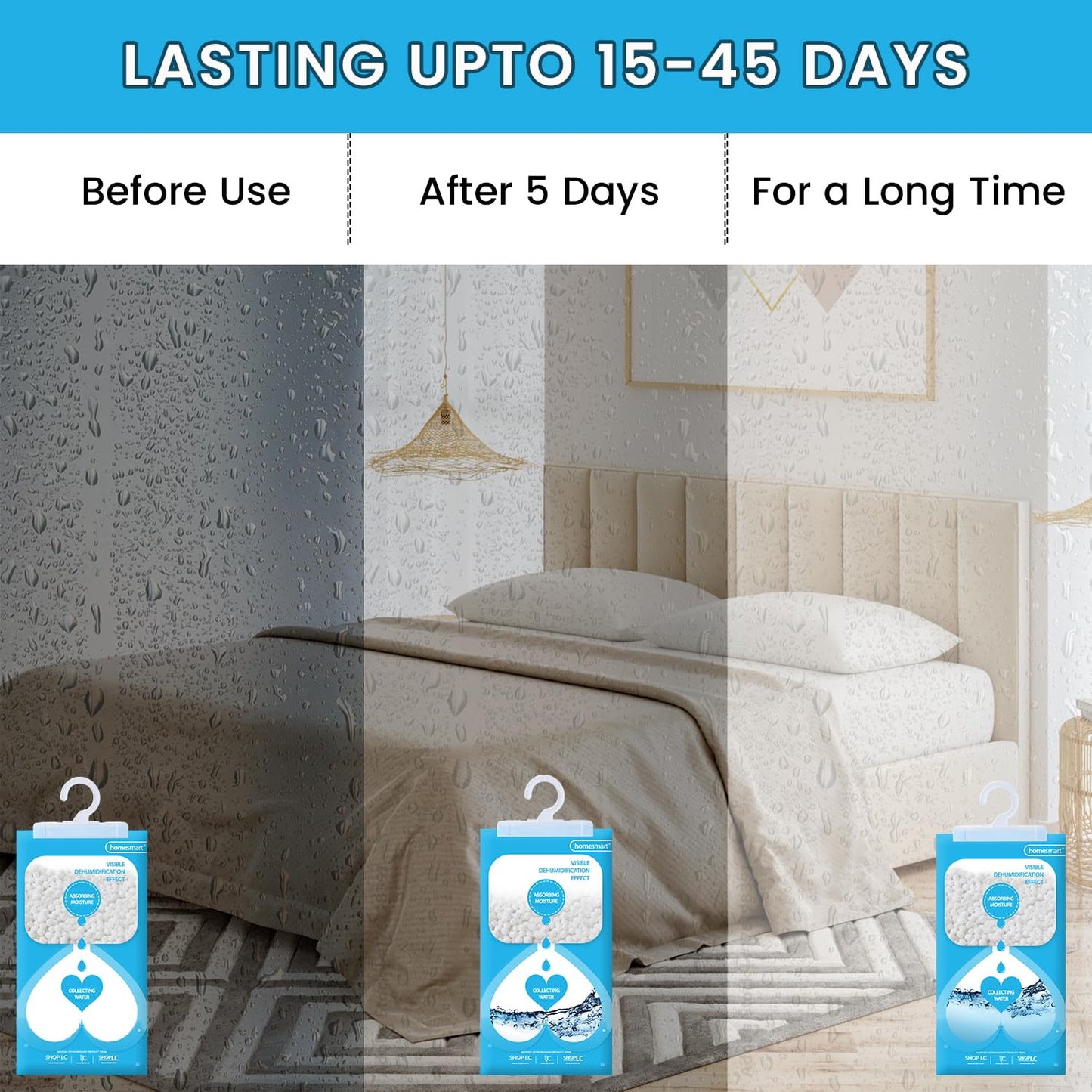 Homesmart Wardrobe Dehumidifier Hanging Bags - Disposable Moisture, Humidity & Damp Absorber for Home - Prevent Mould, Mildew & Condensation in Wardrobes, Cupboard & Caravan - Pack of 10, 220g per Bag