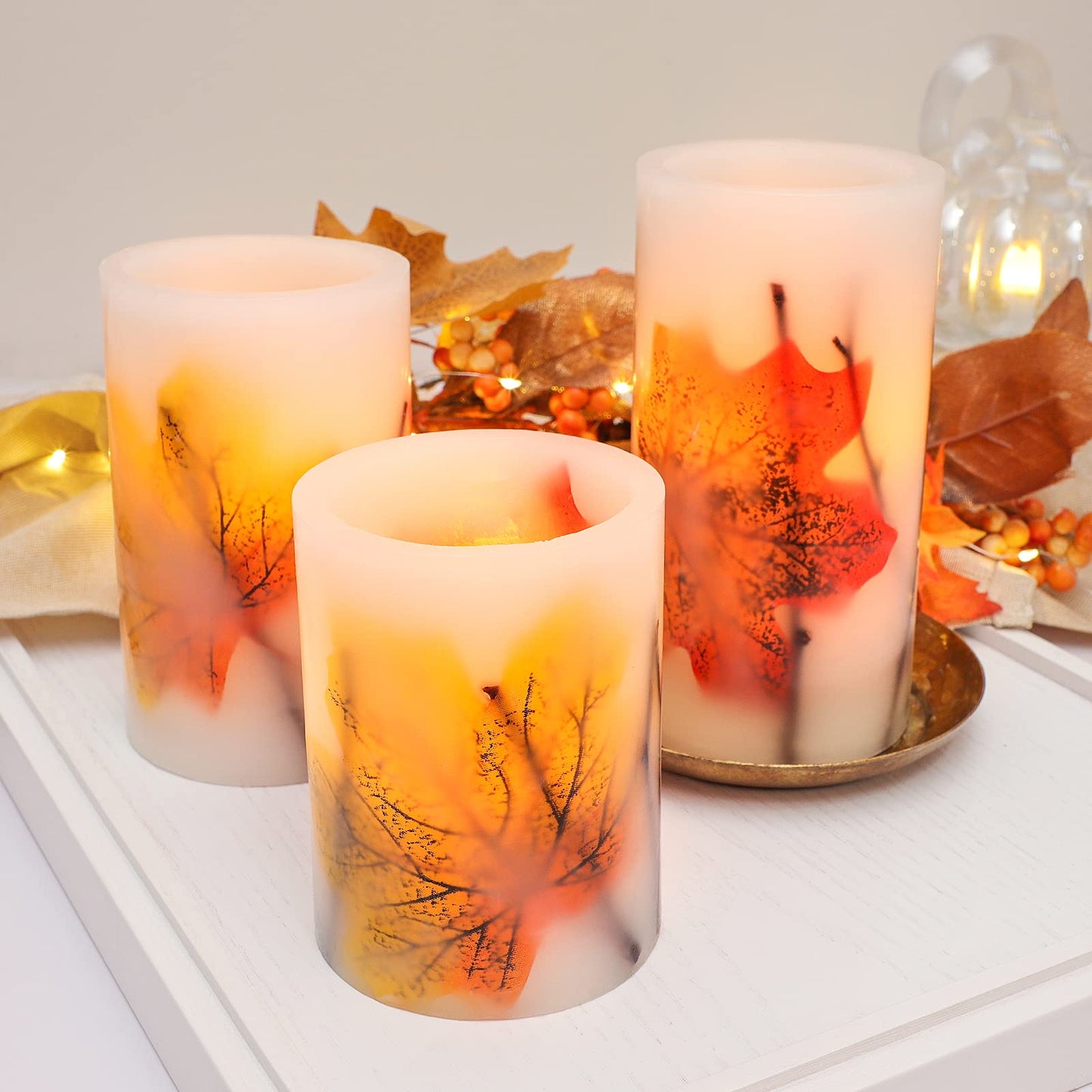 Crystal Club Fall Flameless Candles with Remote and Timer, Autumn Maple Leaves Battery Operated Candles Flickering LED Pillar Candles for Autumn Harvest Halloween Thanksgiving Decor