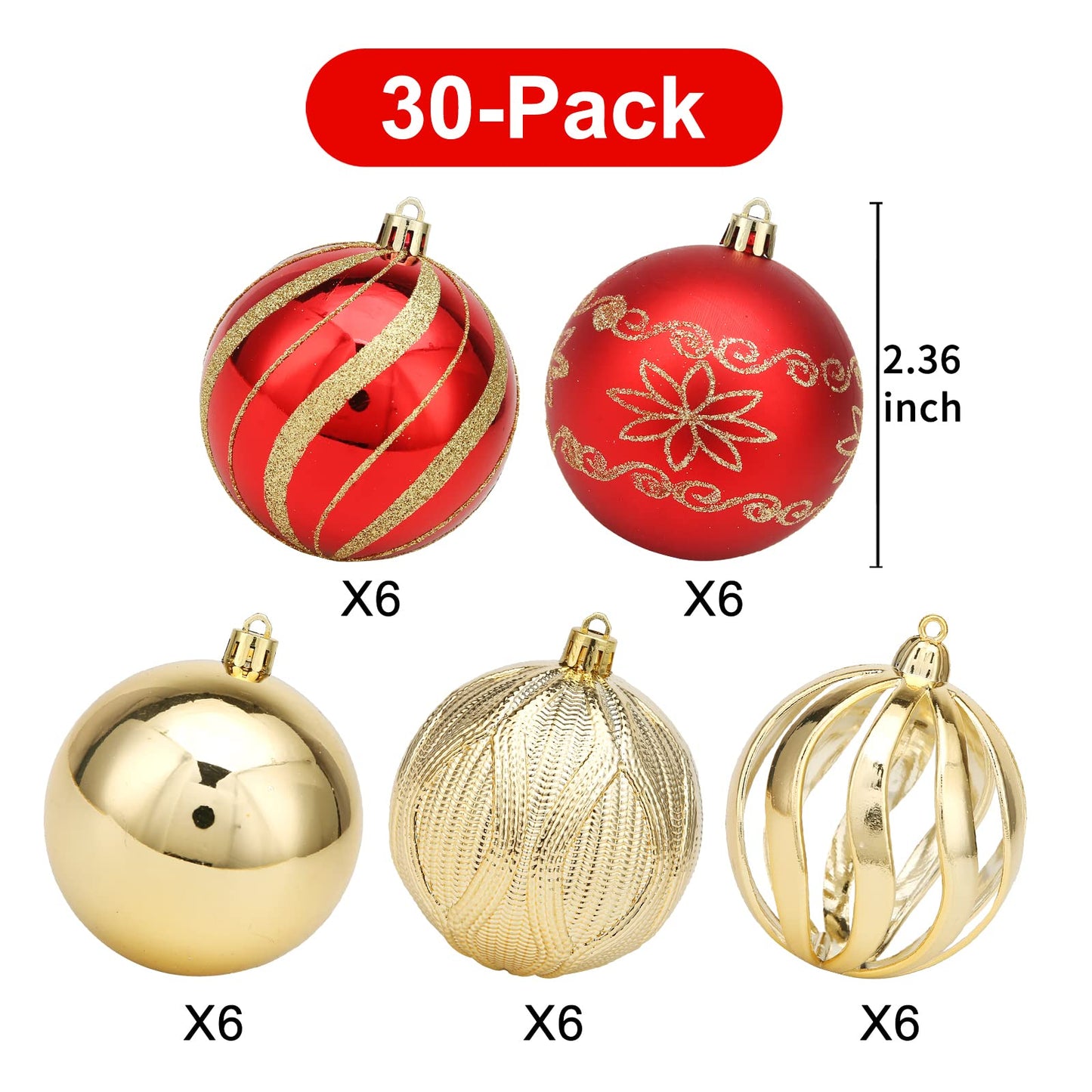 Christmas Ball Ornaments, 30 pcs 2.36" Shatterproof Baubles Set Red and Gold for Xmas Tree Decorations, Hanging Ornaments for Wedding Party