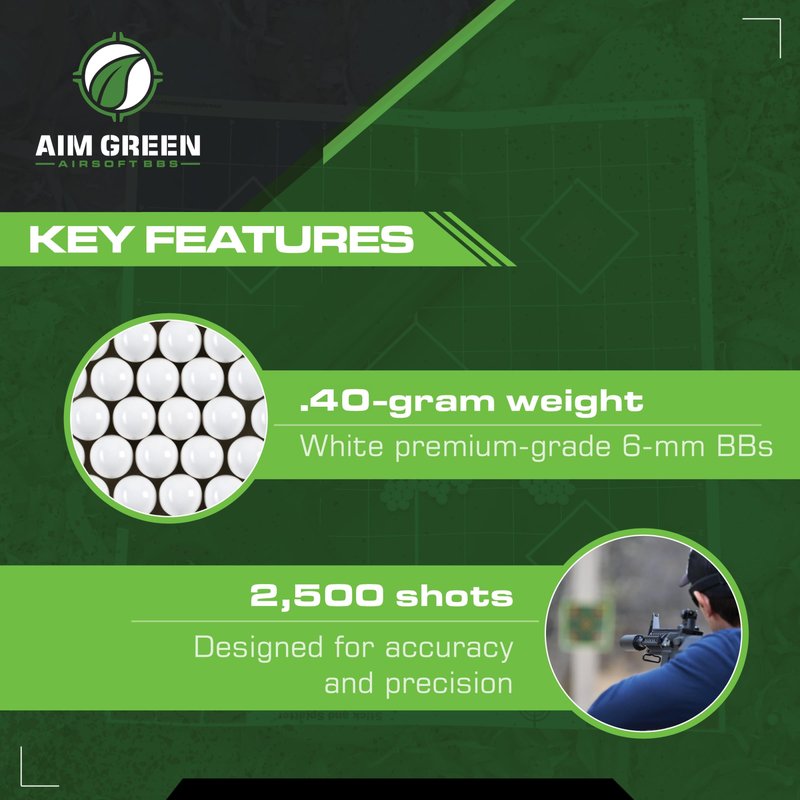 Aim Green Biodegradable Airsoft BBS, Premium-Grade 6mm Airsoft BBS, 40g, 2,500 Count